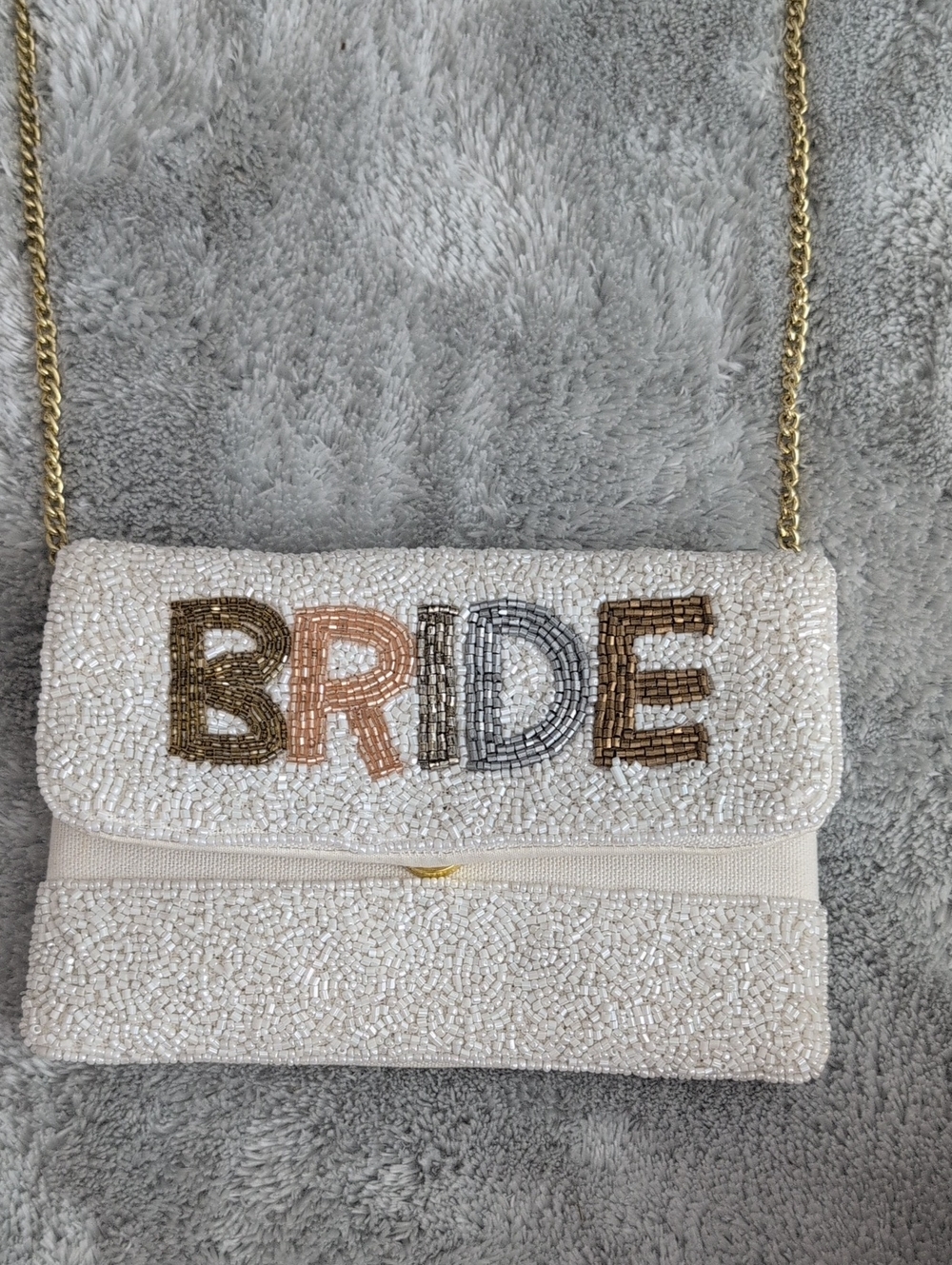 Beaded 'BRIDE' Cream Crossbody Bag with Gold Chain